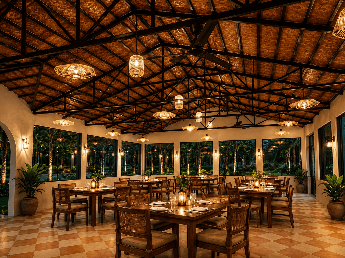 Warm dining hall at Avora Wilderness Resort with timber ceiling and arranged tables